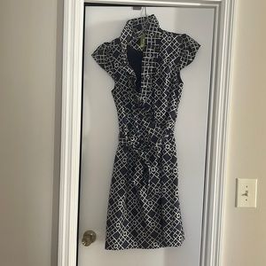 Elizabeth McKay Sz 10 navy and white print Scotland wrap dress